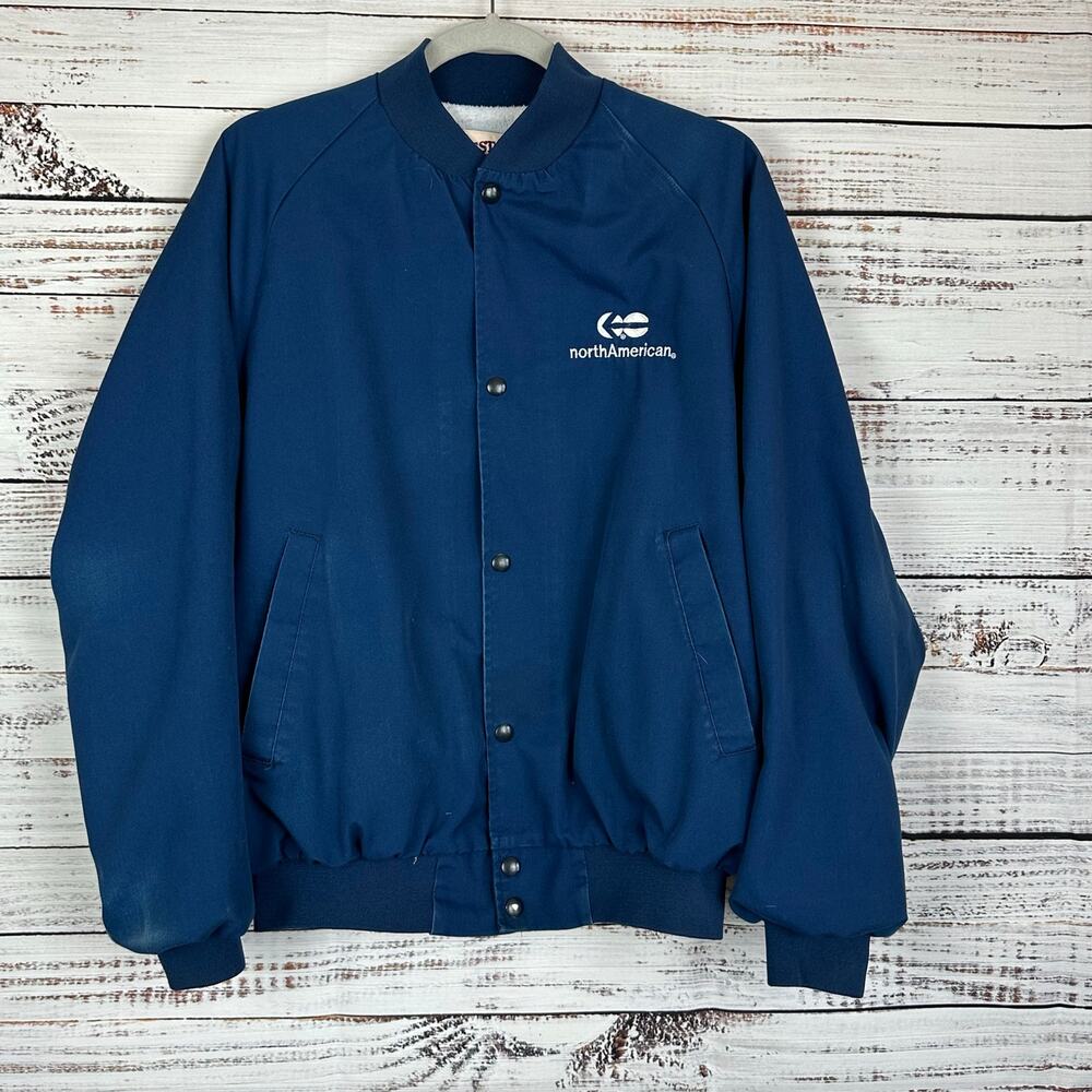 Vintage 80s West Ark USA Blue North American Snap Front Bomber Jacket Mens Sz L